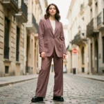 Femme portant un blazer oversize mauve et un pantalon large dans une rue pavée européenne, tendances mode saison