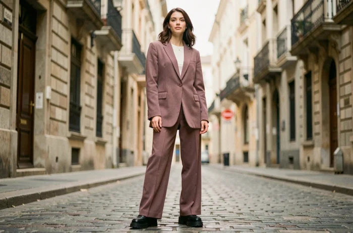 Femme portant un blazer oversize mauve et un pantalon large dans une rue pavée européenne, tendances mode saison
