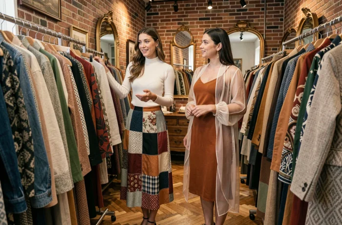 Deux femmes explorant des vêtements tendance dans une boutique vintage avec jupe patchwork et robe organza