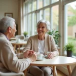 Deux résidentes seniors souriantes partageant un moment convivial dans le salon commun de la résidence Les Diagonales à Bergerac
