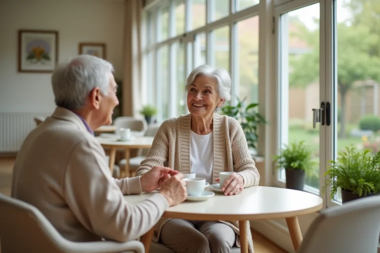 Deux résidentes seniors souriantes partageant un moment convivial dans le salon commun de la résidence Les Diagonales à Bergerac