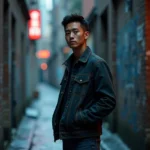 Jeune homme asiatique en veste sombre dans une ruelle urbaine nocturne, ambiance mystérieuse évoquant la série Wu Assassins saison 2