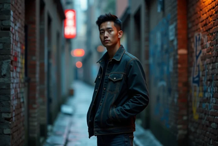 Jeune homme asiatique en veste sombre dans une ruelle urbaine nocturne, ambiance mystérieuse évoquant la série Wu Assassins saison 2